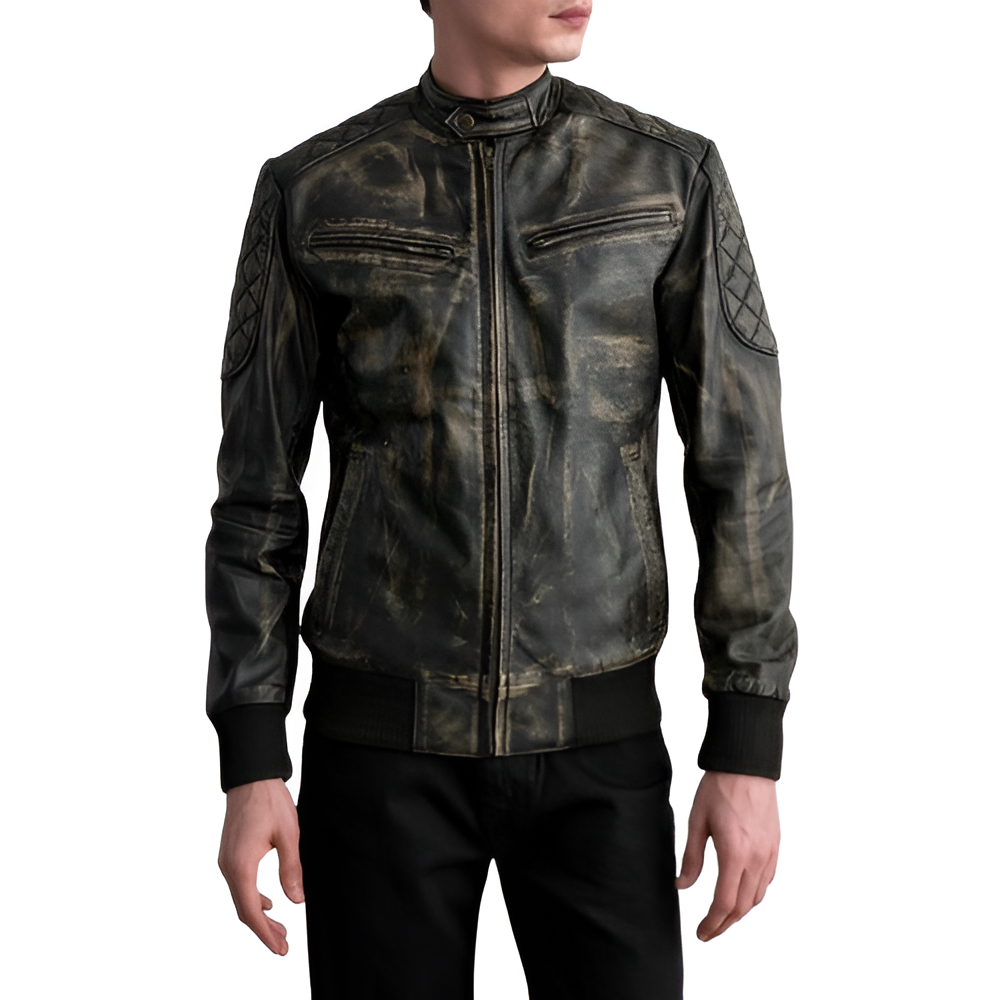 Distressed Leather Bomber Jacket