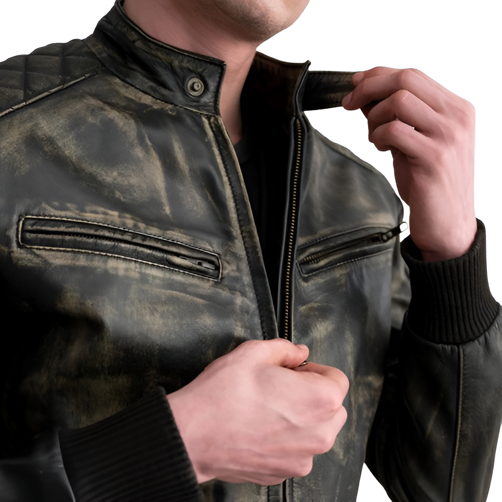 Distressed Leather Bomber Jacket