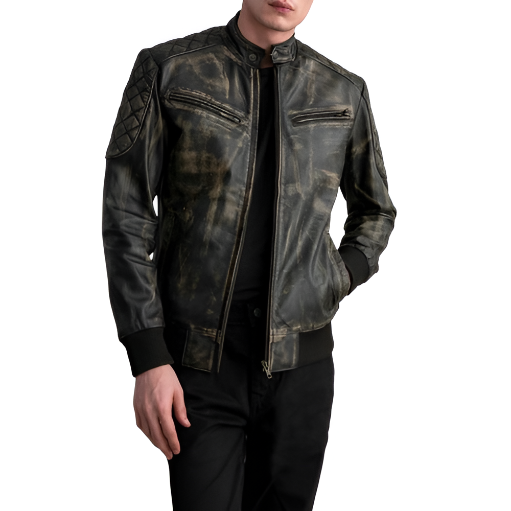 Distressed Leather Bomber Jacket