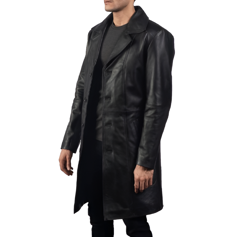 Men's Black Button-Up Leather Coat