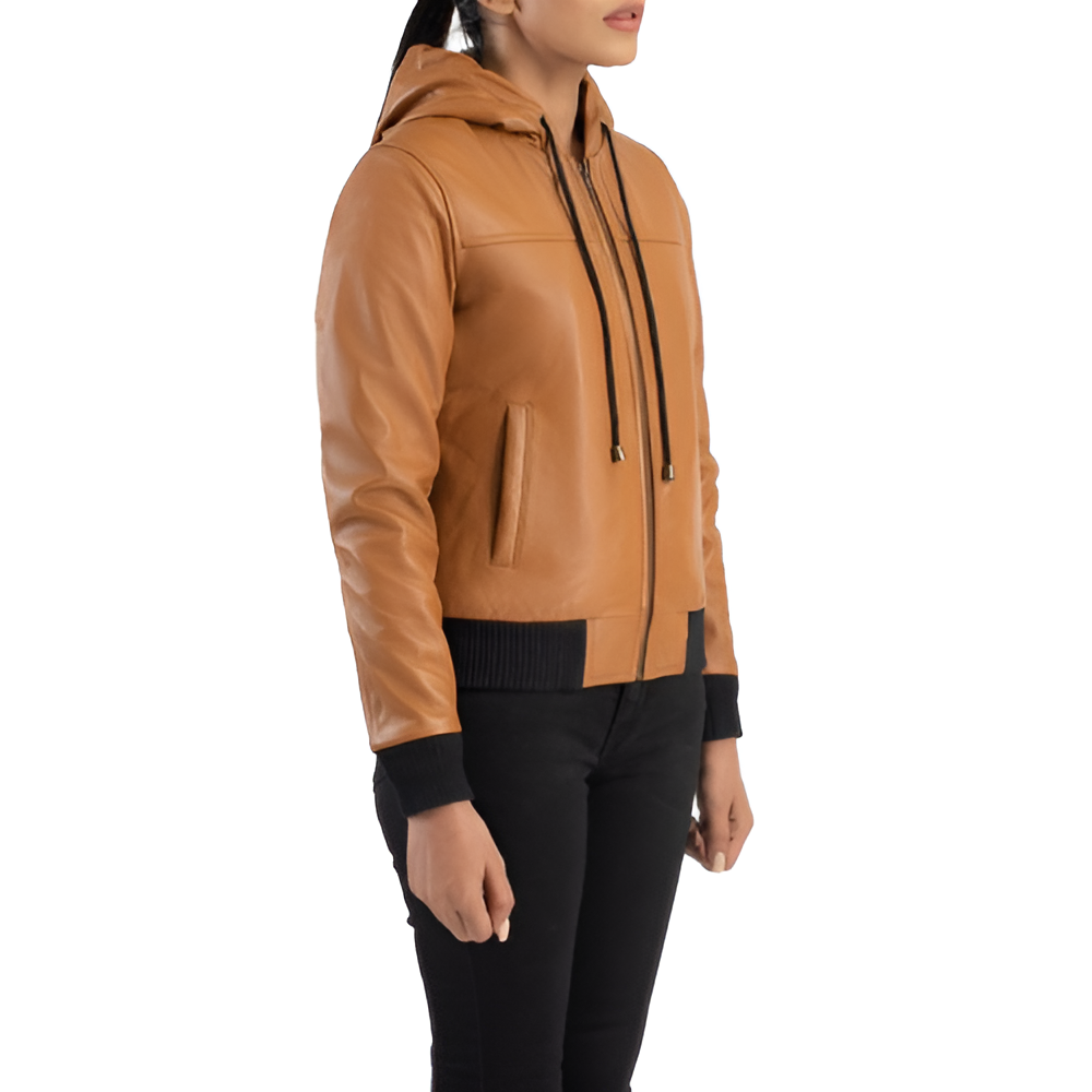 Women's Tan Leather Hooded Jacket