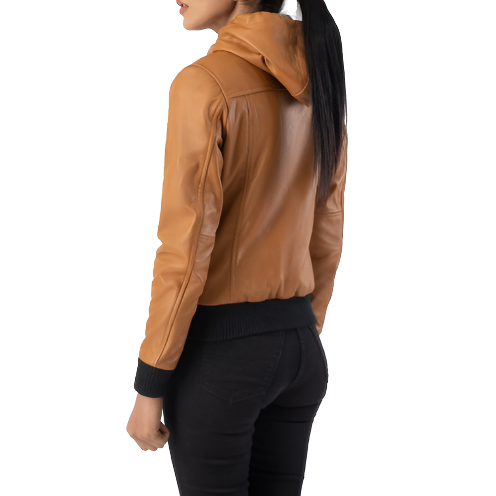 Women's Tan Leather Hooded Jacket