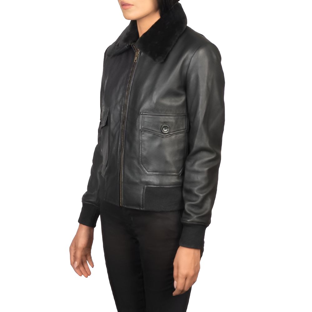 Women's Black Leather Jacket with Faux Fur Collar