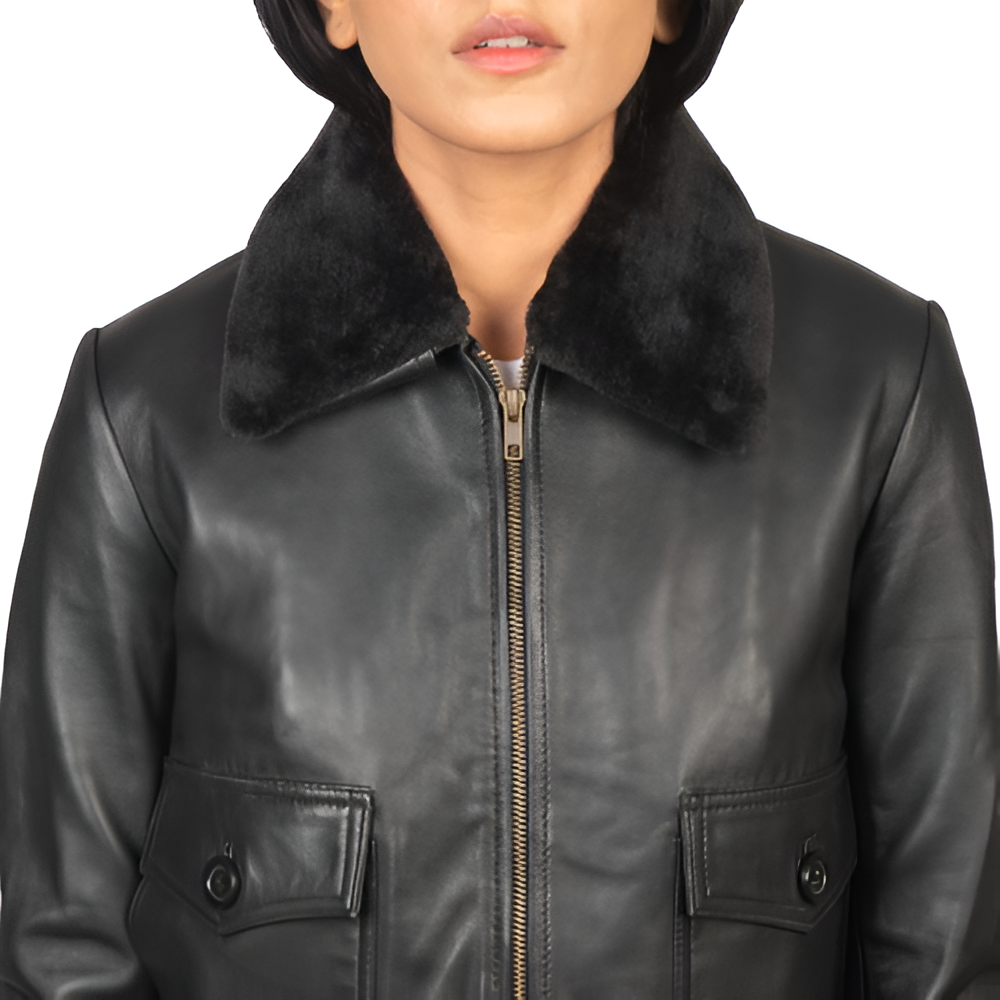 Women's Black Leather Jacket with Faux Fur Collar