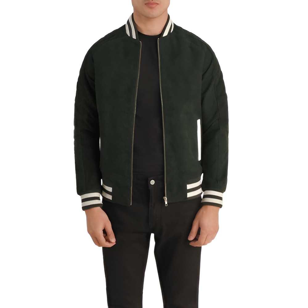 Dark Green Leather Bomber Jacket