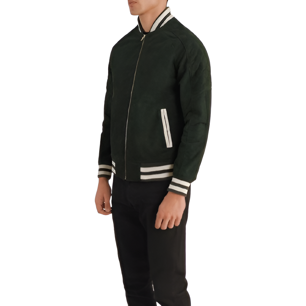 Dark Green Leather Bomber Jacket