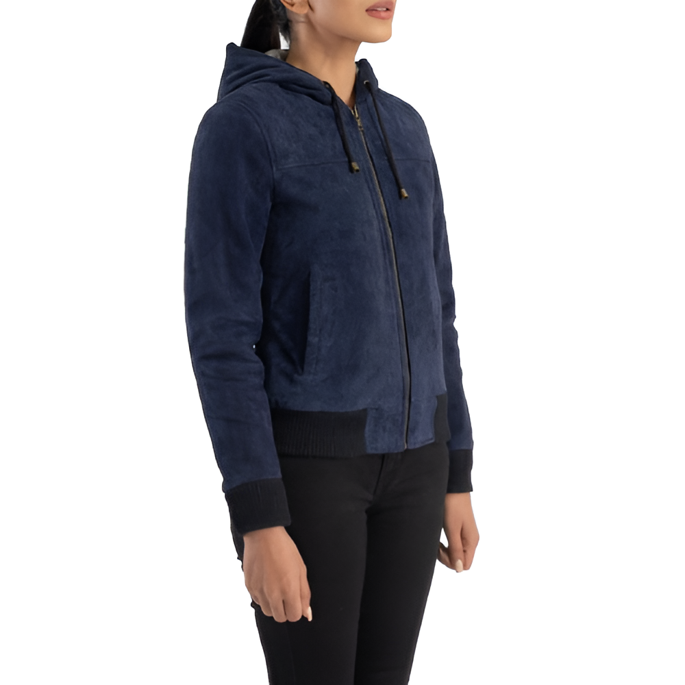 Women's Navy Blue Suede Hoodie Jacket