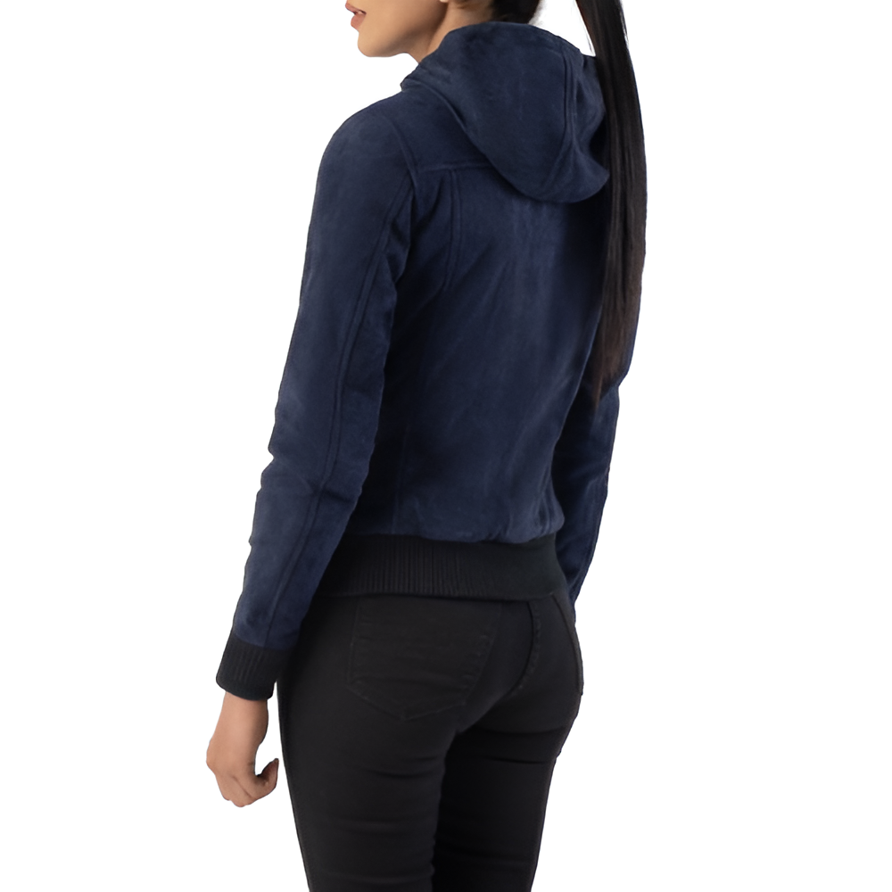 Women's Navy Blue Suede Hoodie Jacket