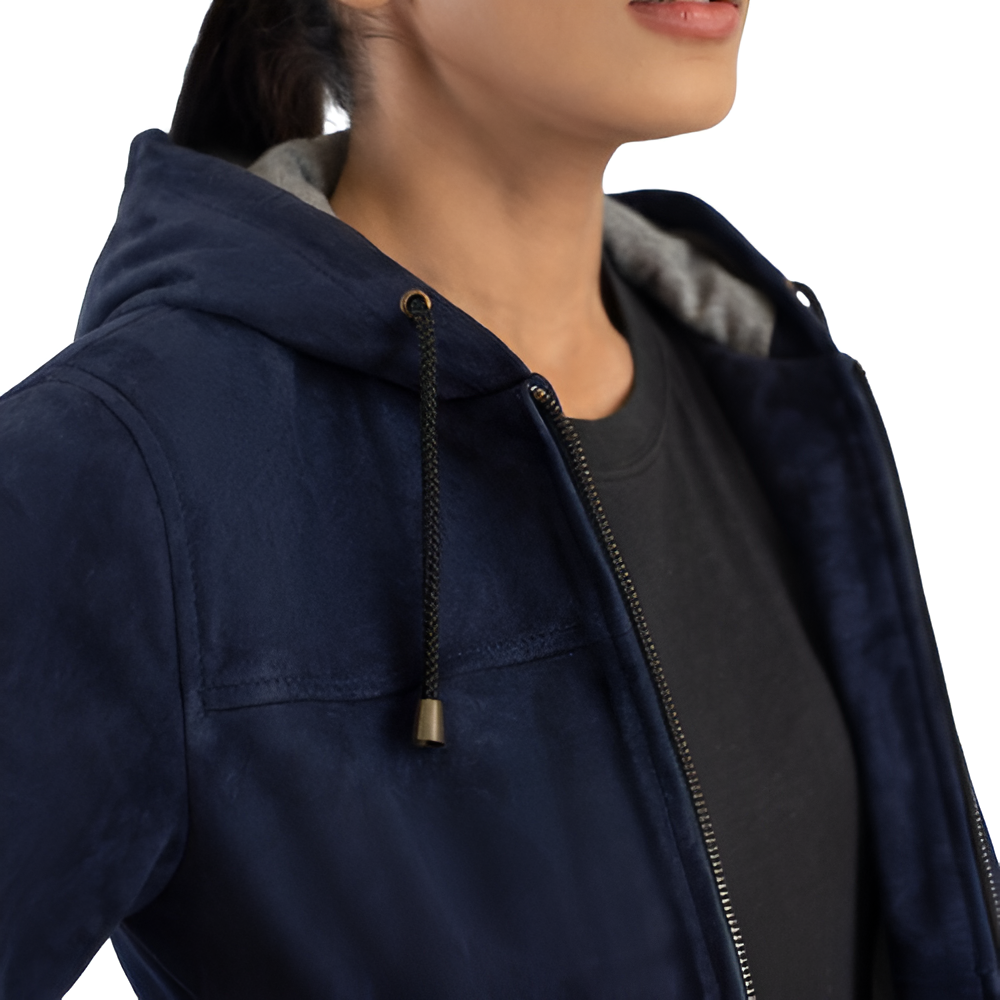 Women's Navy Blue Suede Hoodie Jacket