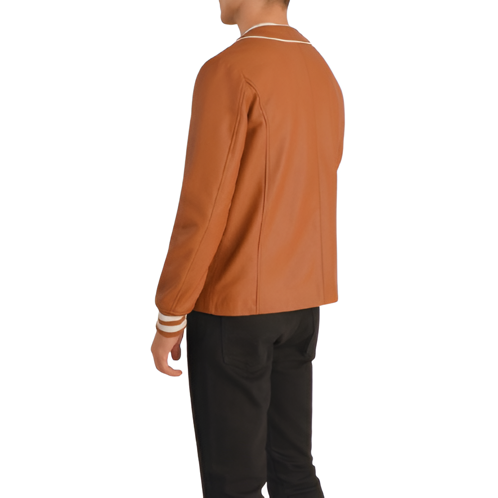 Tan Leather Varsity Jacket with White Trim