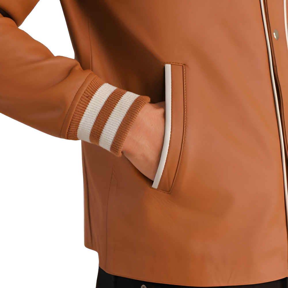 Tan Leather Varsity Jacket with White Trim