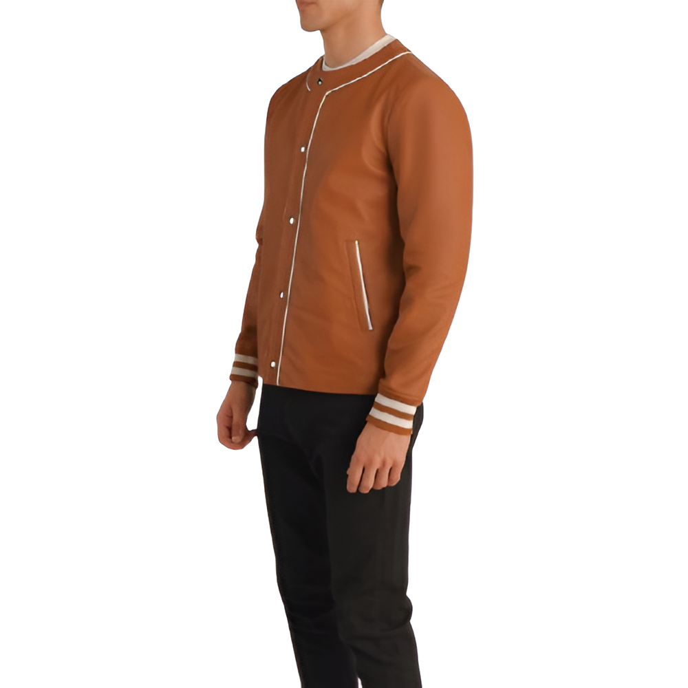 Tan Leather Varsity Jacket with White Trim