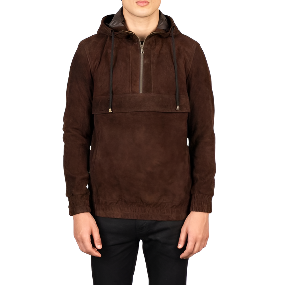 Men's Brown Suede Hooded Pullover Jacket