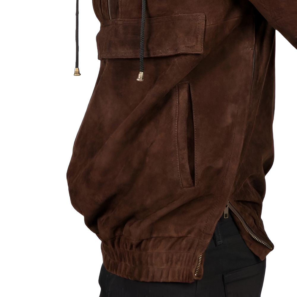 Men's Brown Suede Hooded Pullover Jacket