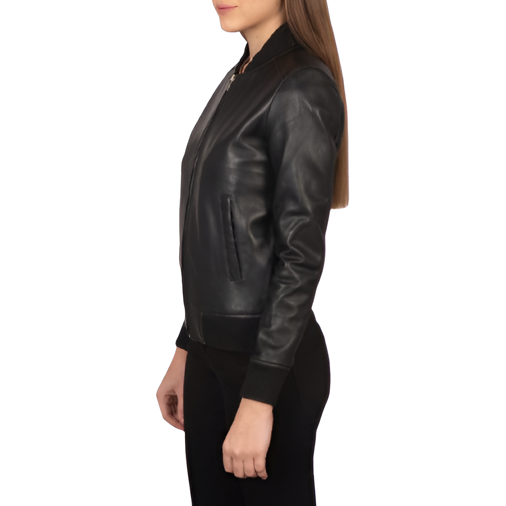 Women's Classic Black Leather Bomber Jacket