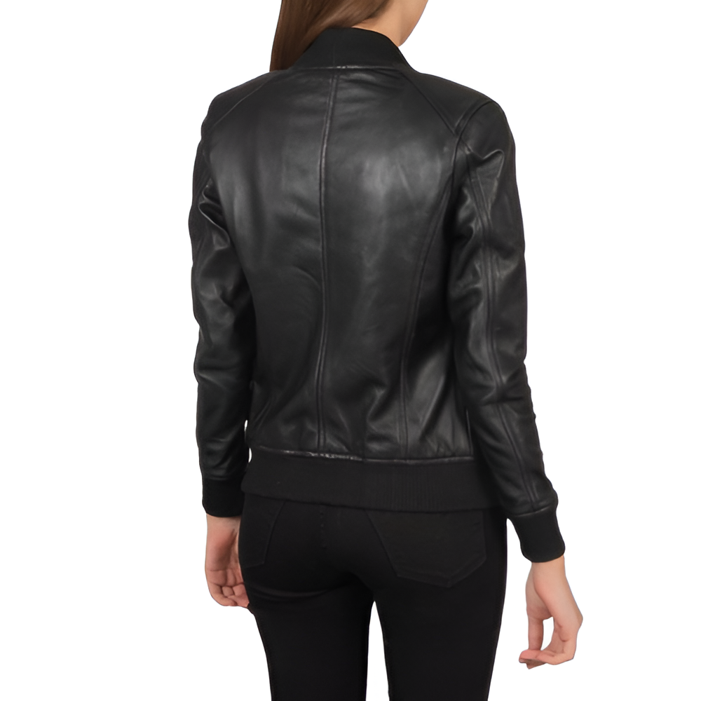 Women's Classic Black Leather Bomber Jacket