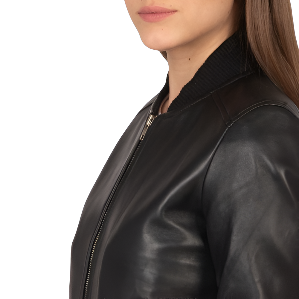 Women's Classic Black Leather Bomber Jacket