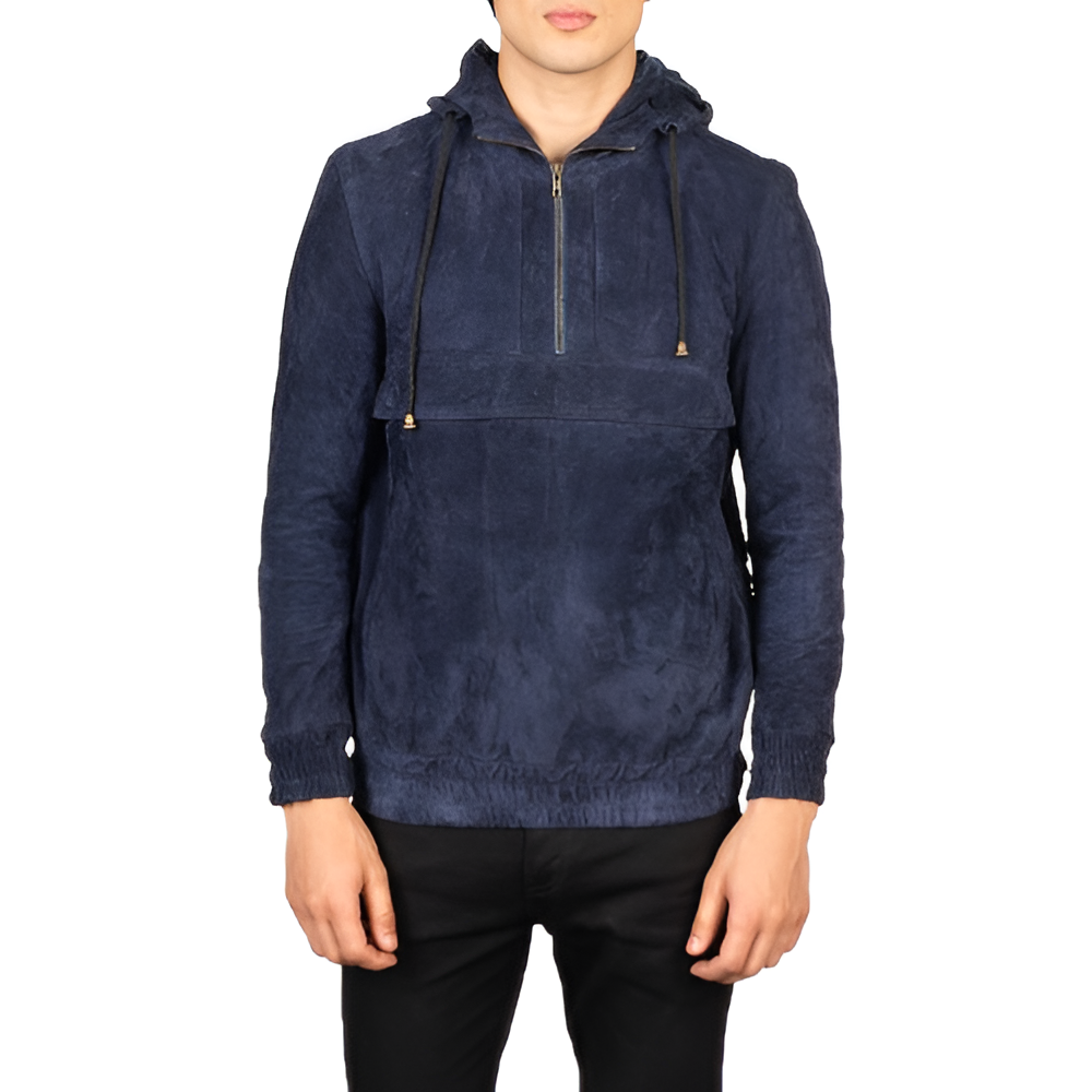 Men's Navy Blue Suede Hooded Pullover