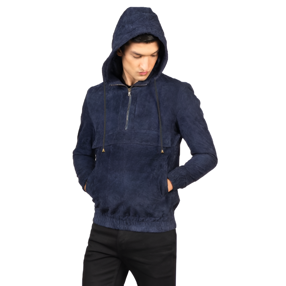Men's Navy Blue Suede Hooded Pullover