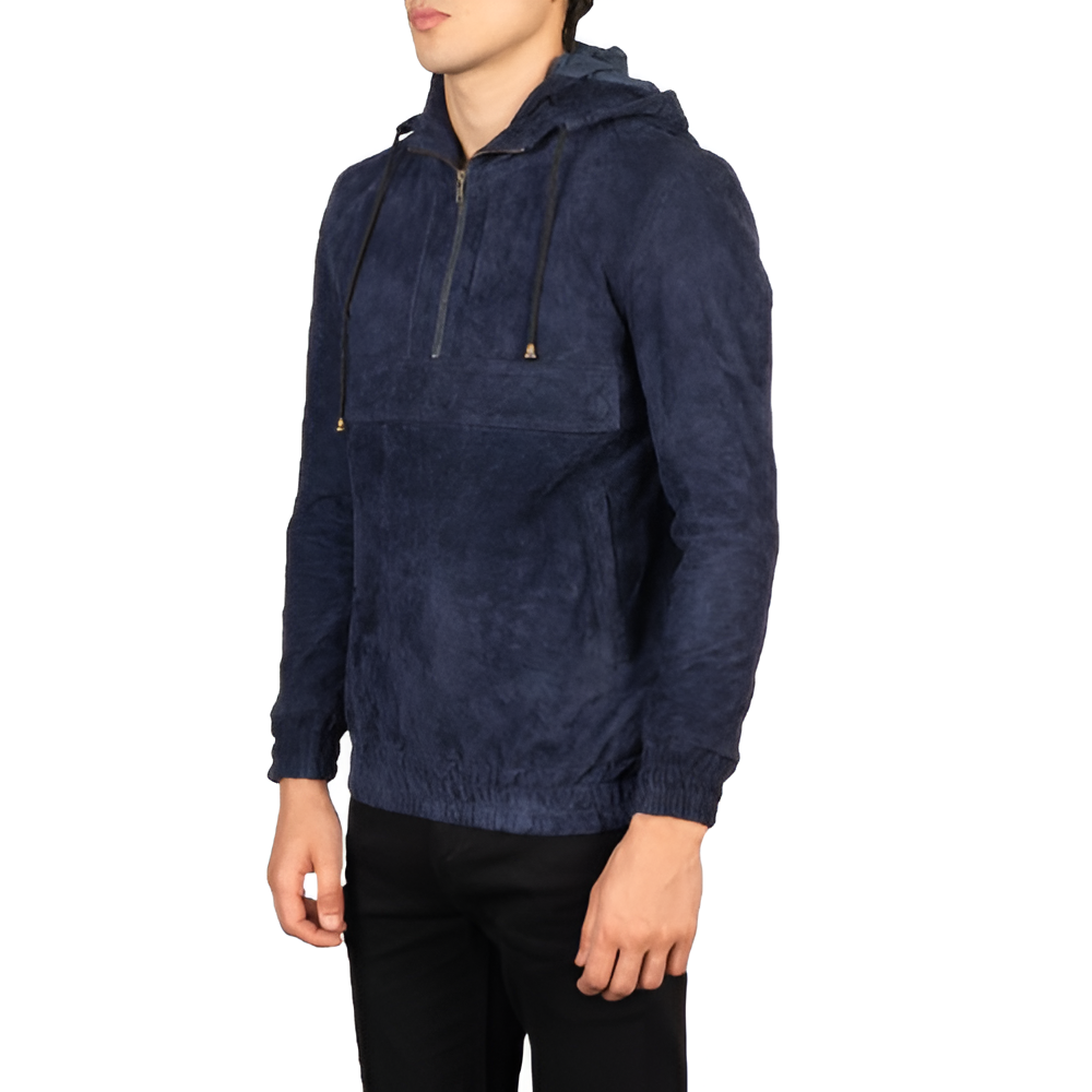 Men's Navy Blue Suede Hooded Pullover
