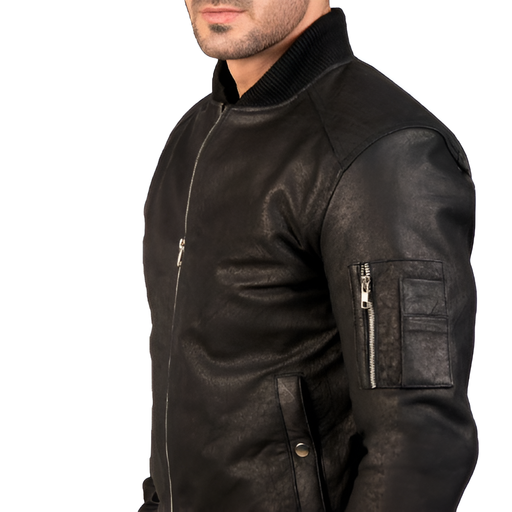 Men's Black Leather Bomber Jacket