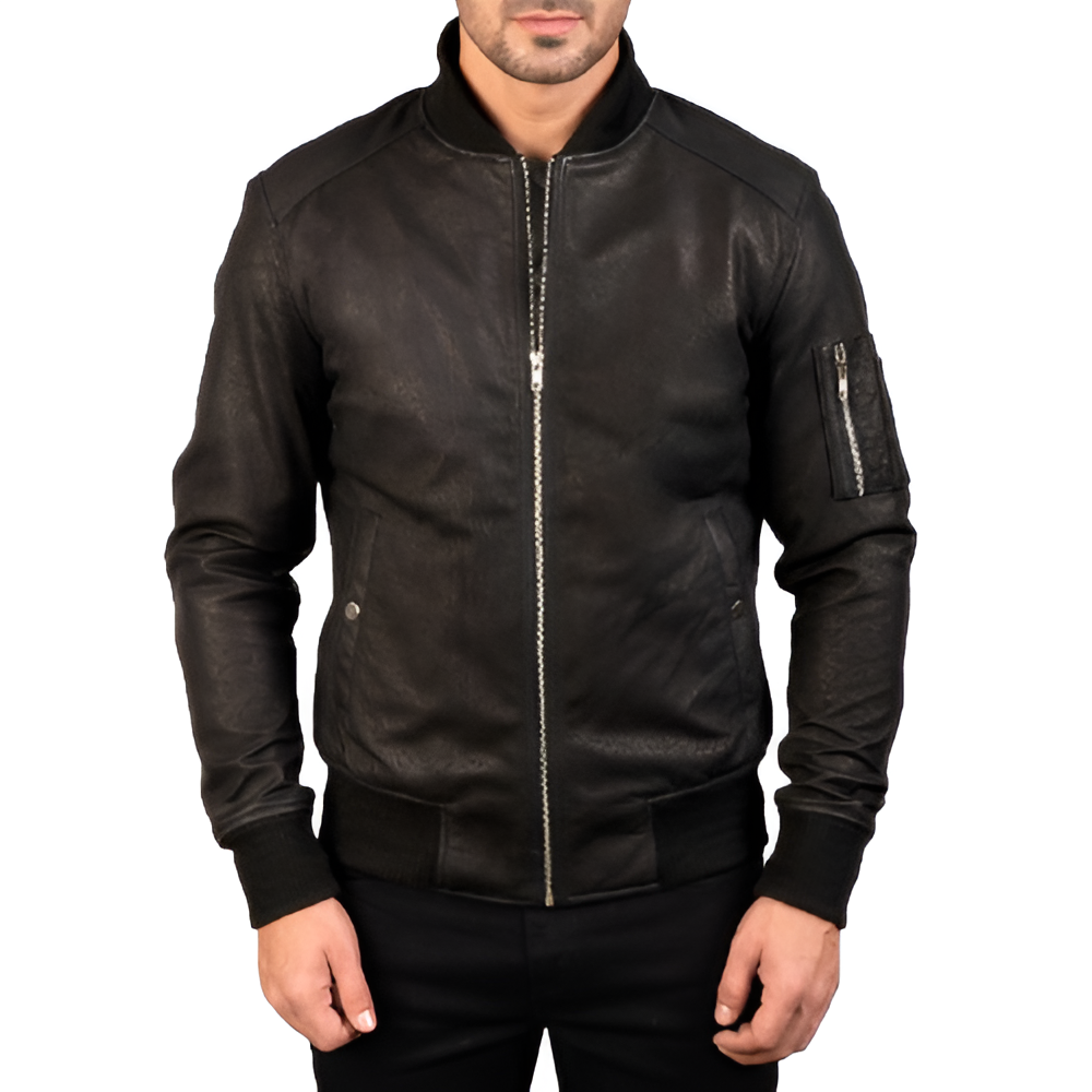 Men's Black Leather Bomber Jacket