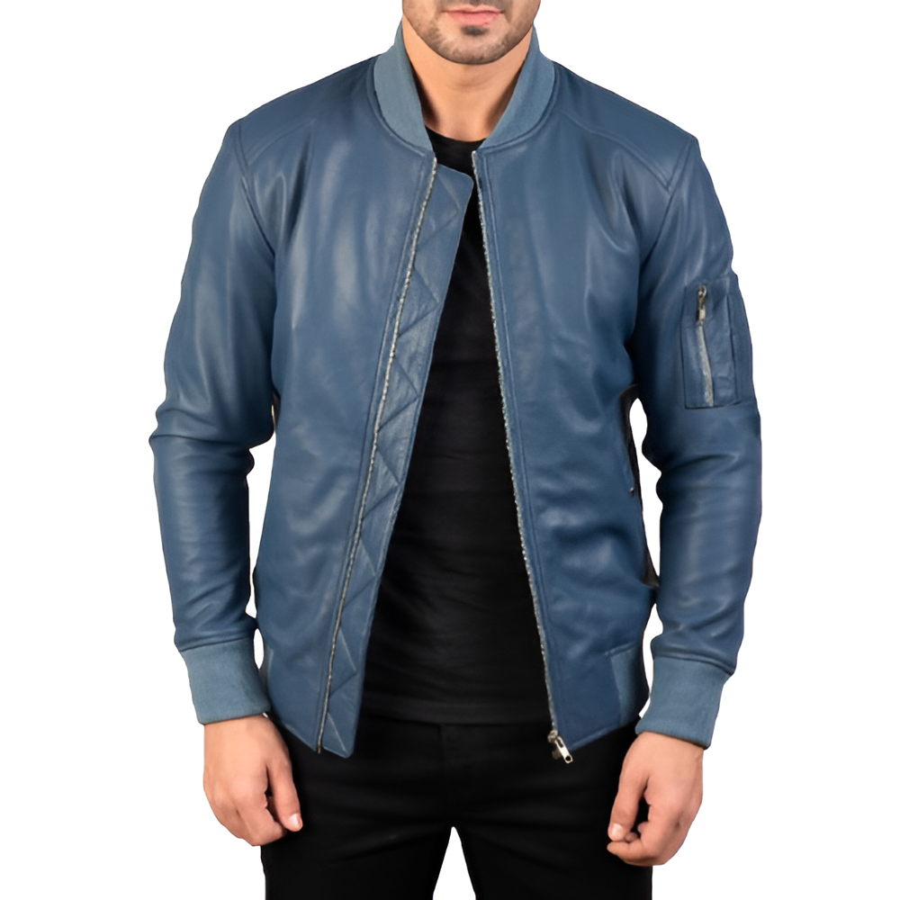 Men's Blue Bomber Leather Jacket