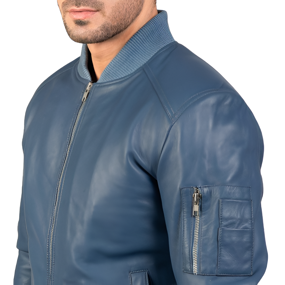 Men's Blue Bomber Leather Jacket