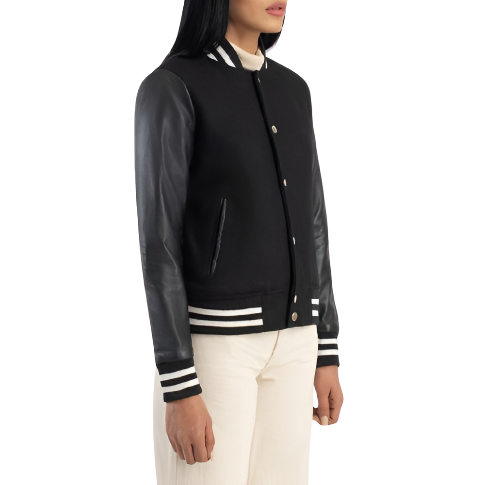 Women's Black Varsity Jacket with Leather Sleeves