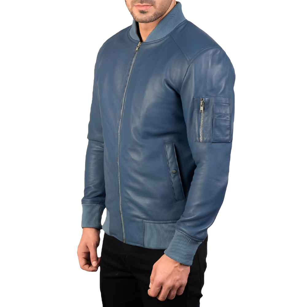 Men's Blue Bomber Leather Jacket