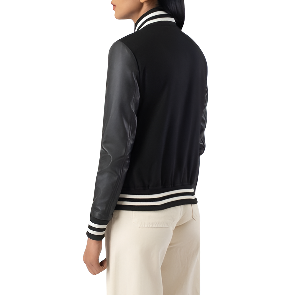 Women's Black Varsity Jacket with Leather Sleeves
