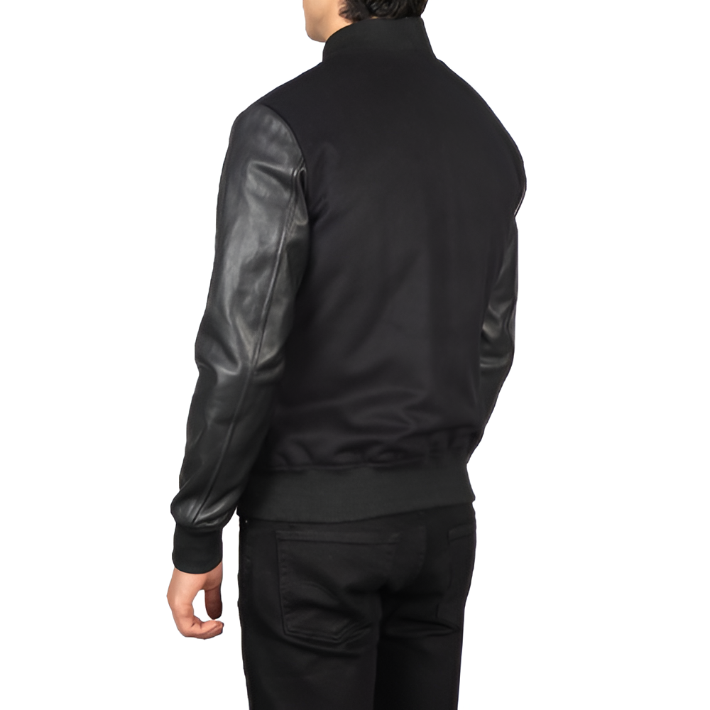 Men's Black Varsity Jacket with Leather Sleeves