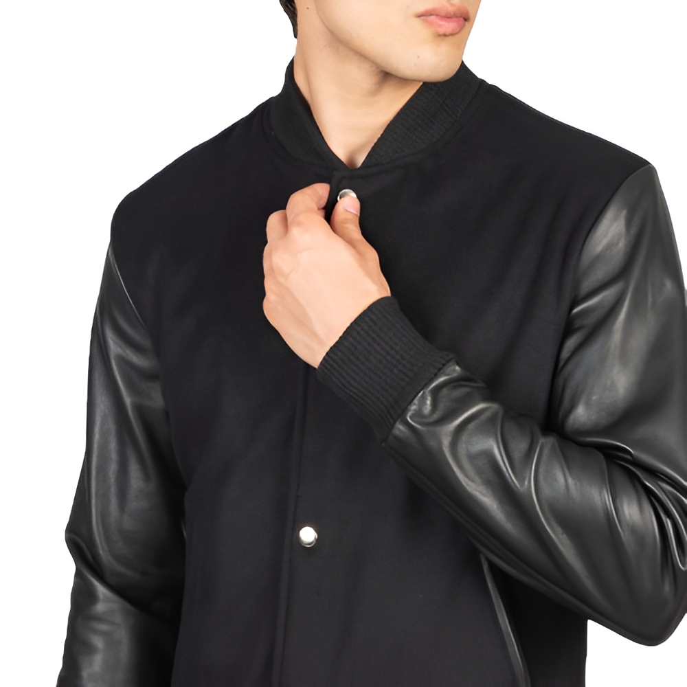 Men's Black Varsity Jacket with Leather Sleeves