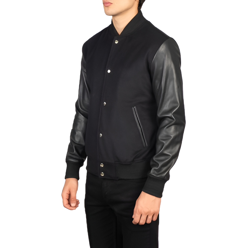 Men's Black Varsity Jacket with Leather Sleeves