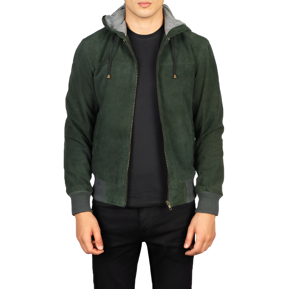 Men's Green Hooded Suede Jacket