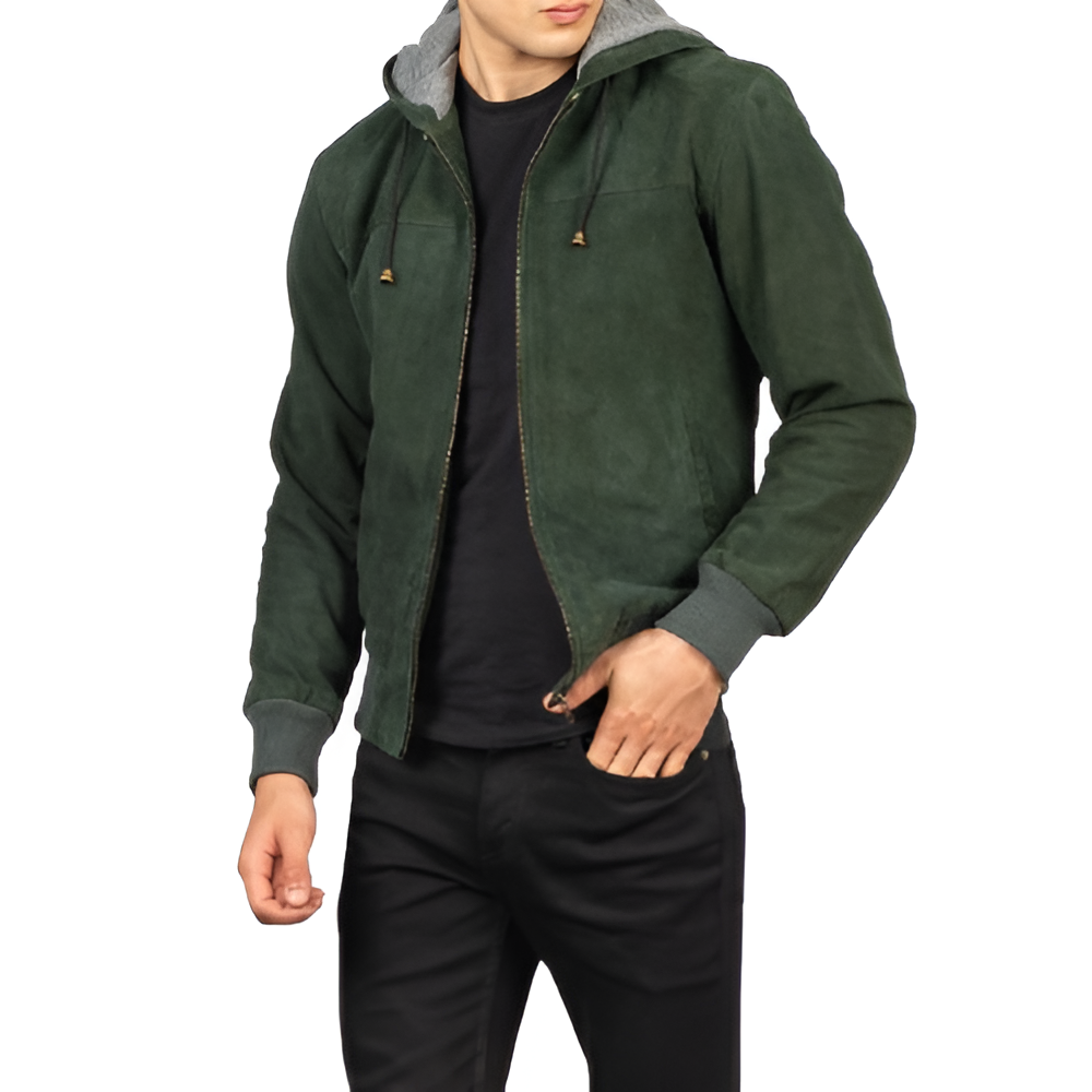 Men's Green Hooded Suede Jacket