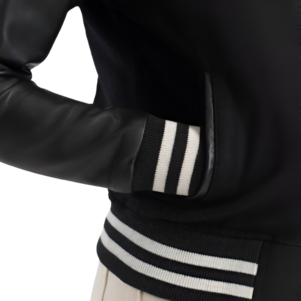 Women's Black Varsity Jacket with Leather Sleeves
