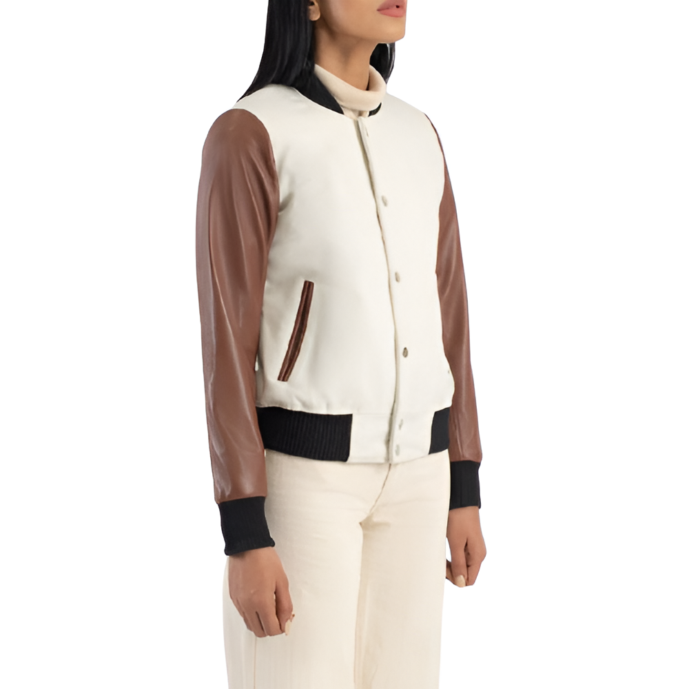 Women's Varsity Jacket with Cream Body and Brown Leather Sleeves