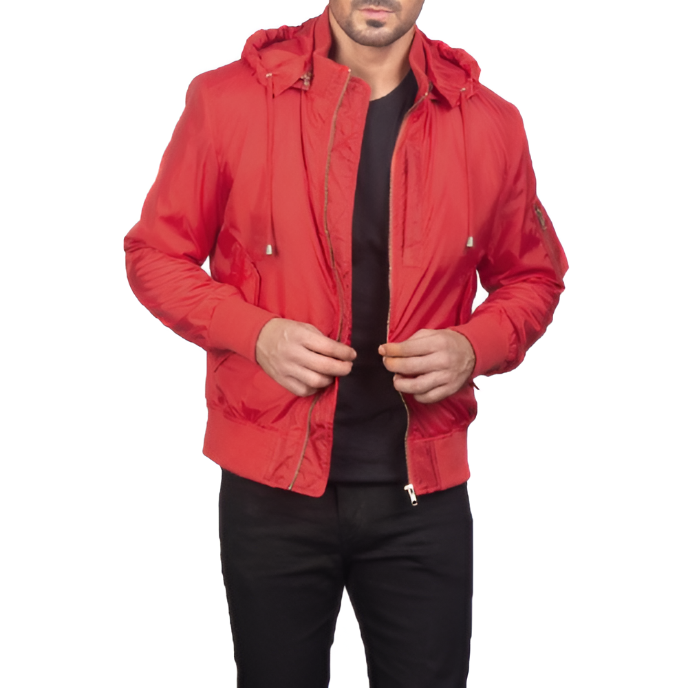 Men's Red Hooded Bomber Jacket