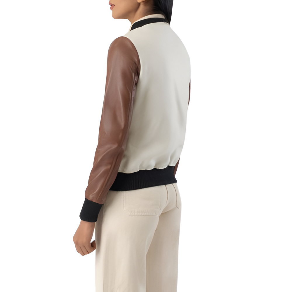 Women's Varsity Jacket with Cream Body and Brown Leather Sleeves