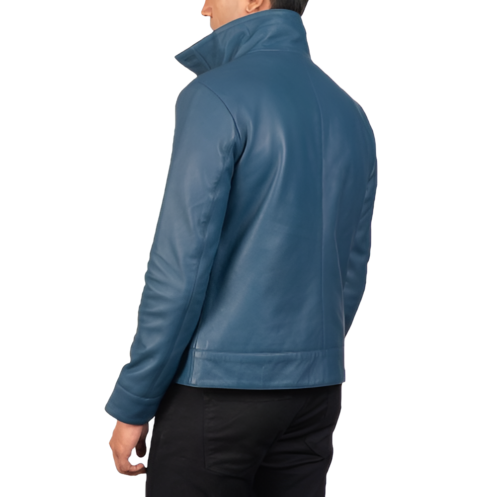 Men's Blue Leather Button-Up Jacket