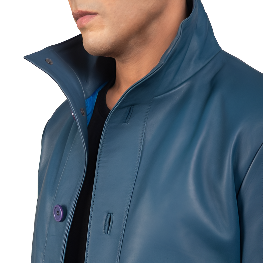 Men's Blue Leather Button-Up Jacket