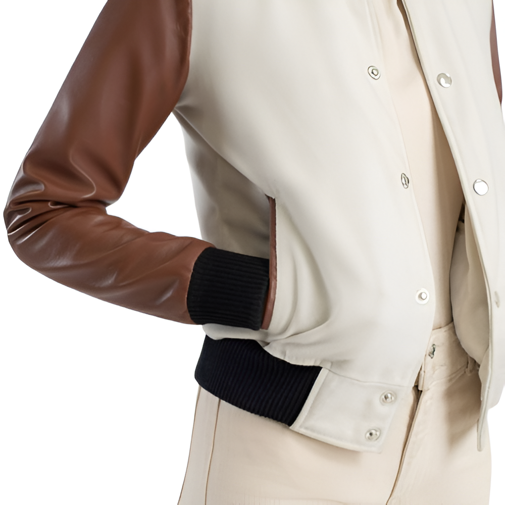 Women's Varsity Jacket with Cream Body and Brown Leather Sleeves