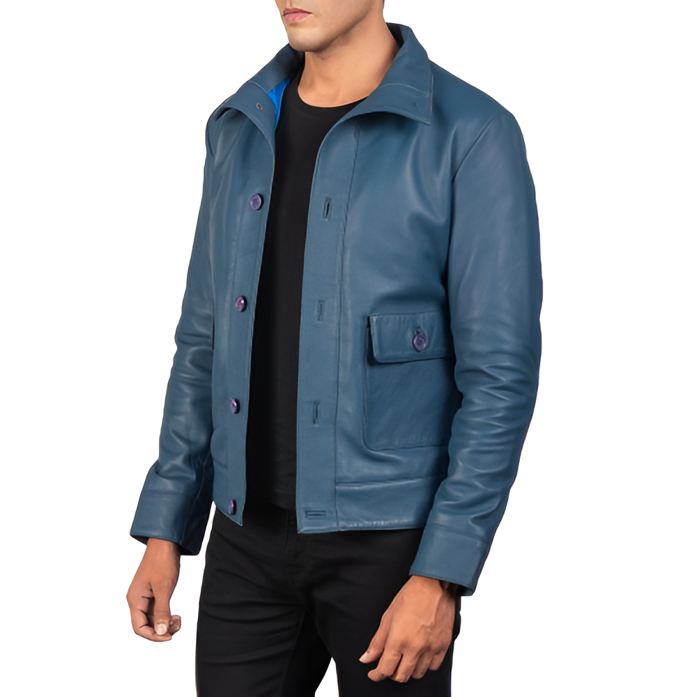 Men's Blue Leather Button-Up Jacket
