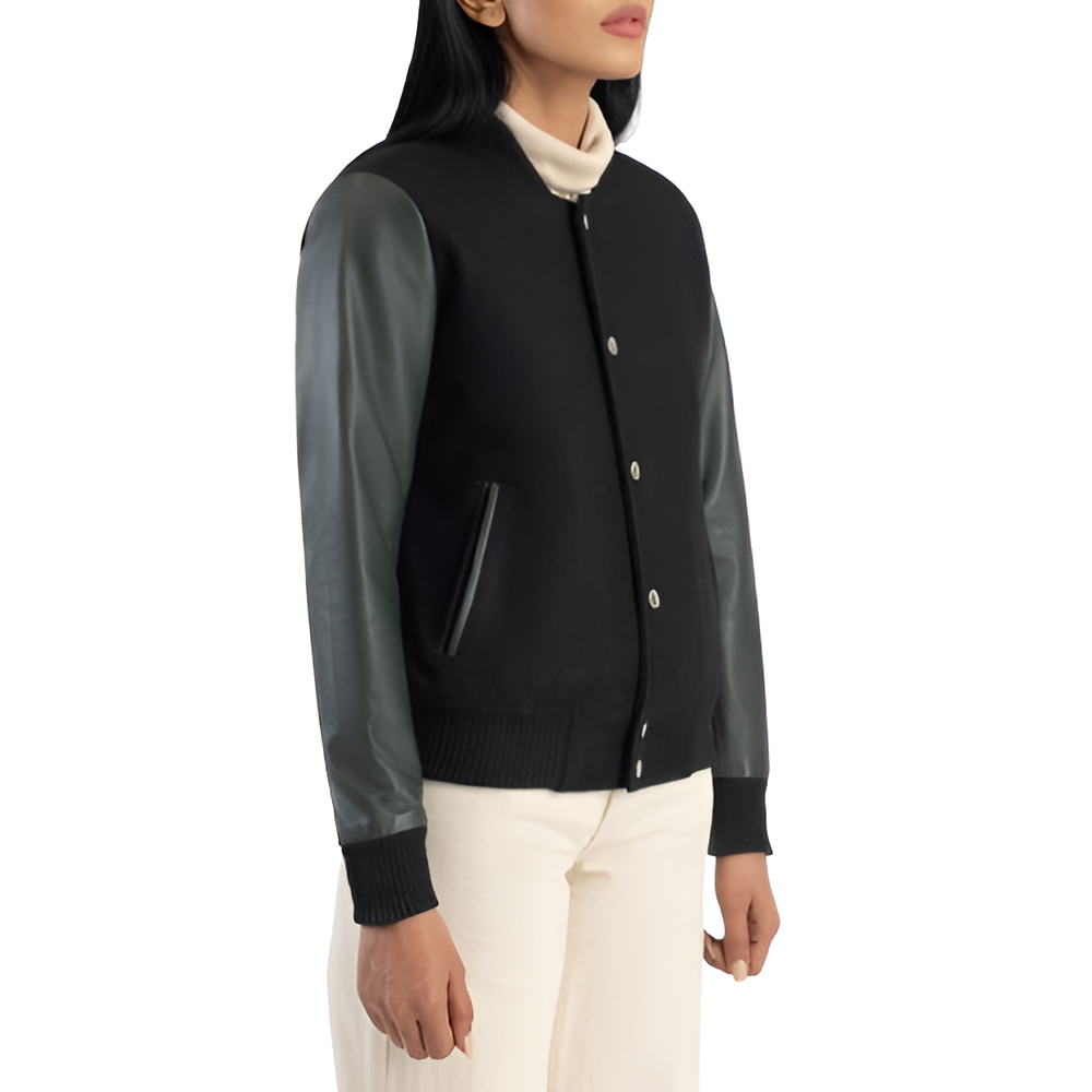 Women's Varsity Jacket with Black Body and Dark Green Leather Sleeves