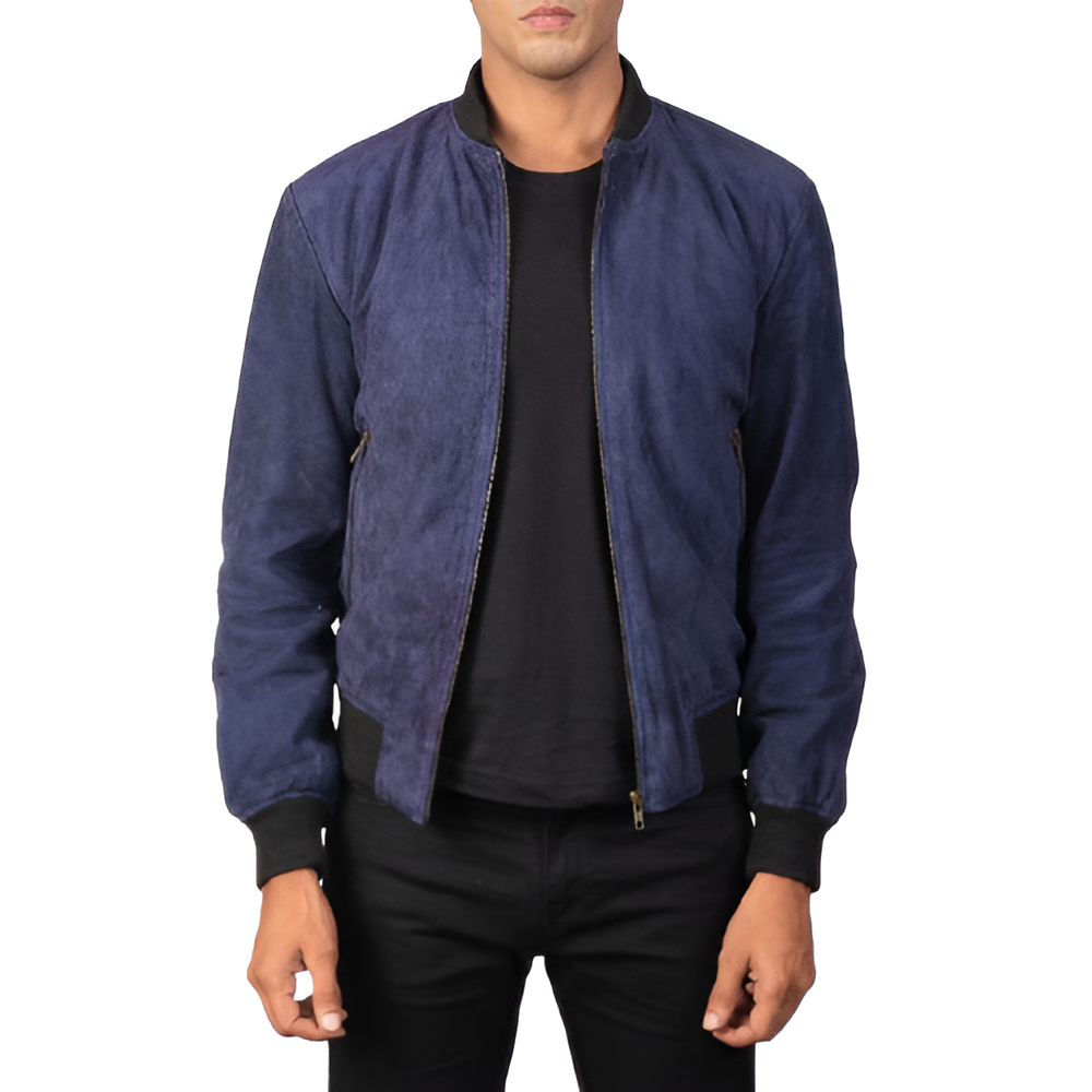 Men's Navy Blue Suede Bomber Jacket
