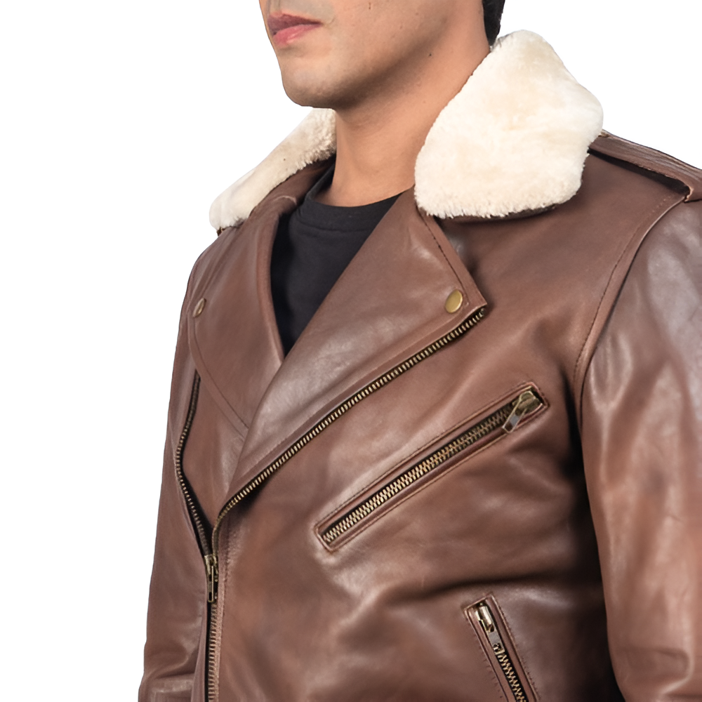 Men's Brown Shearling Collar Leather Jacket