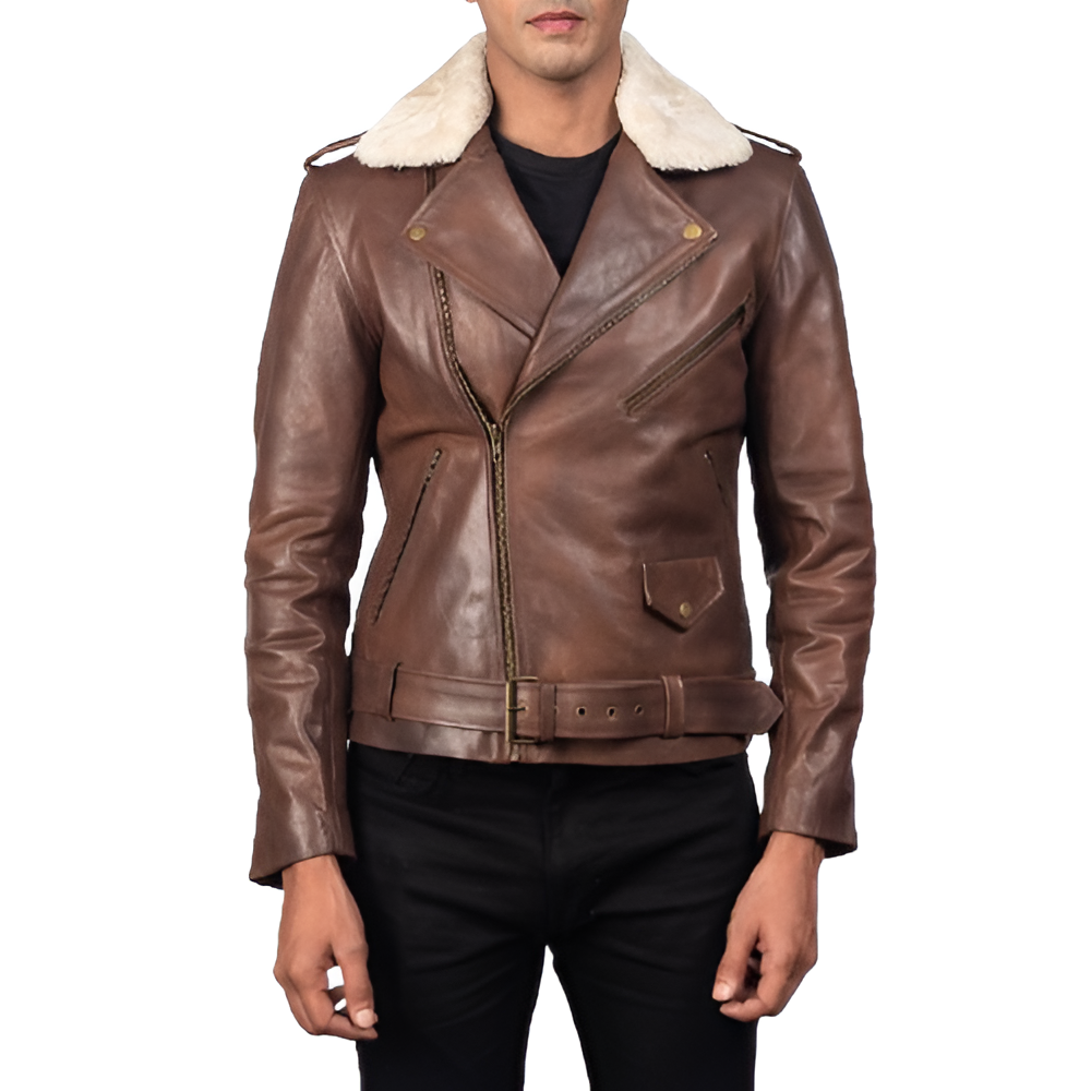 Men's Brown Shearling Collar Leather Jacket