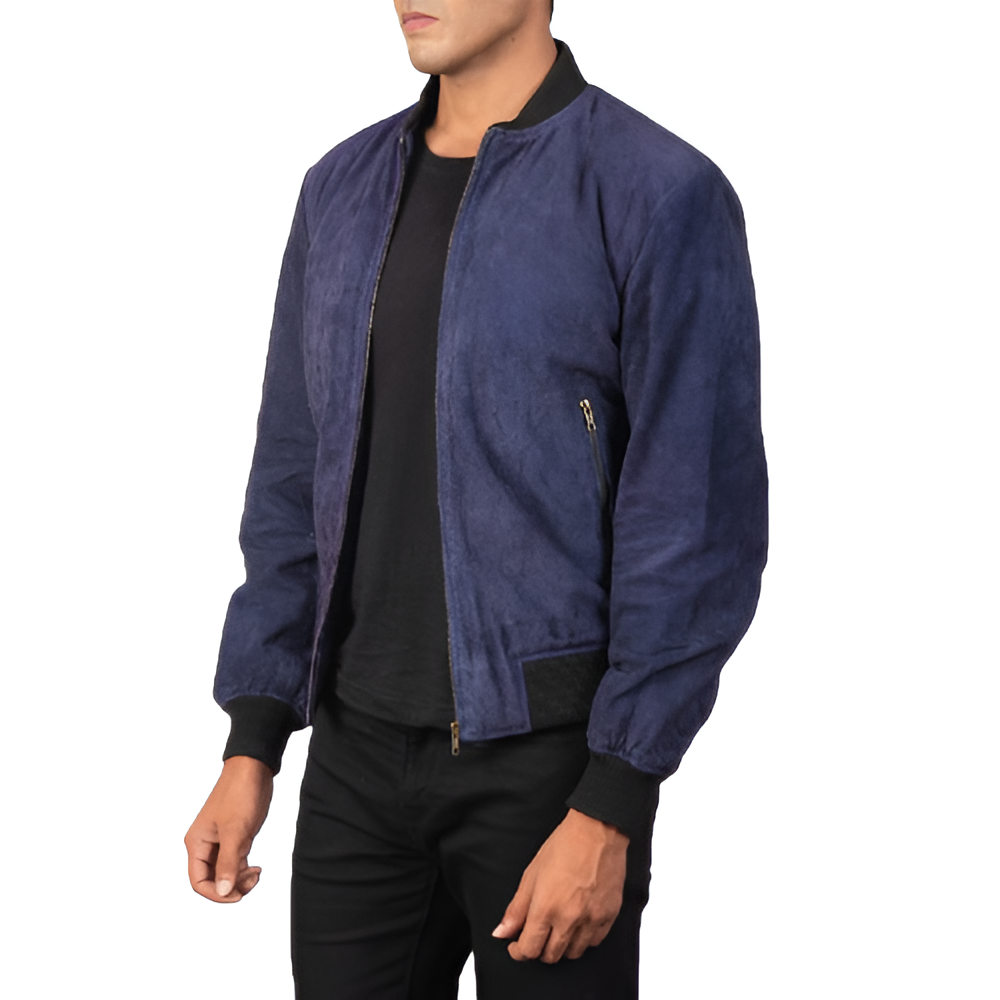 Men's Navy Blue Suede Bomber Jacket