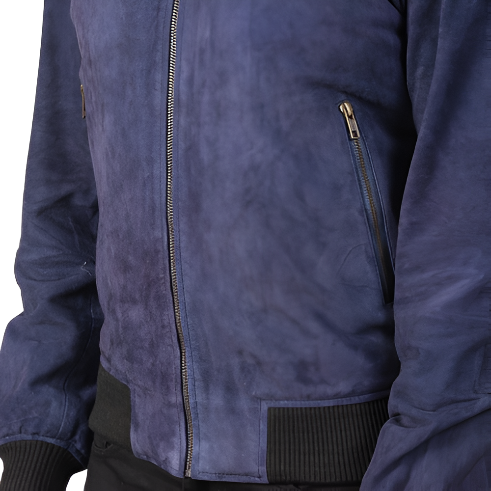 Men's Navy Blue Suede Bomber Jacket